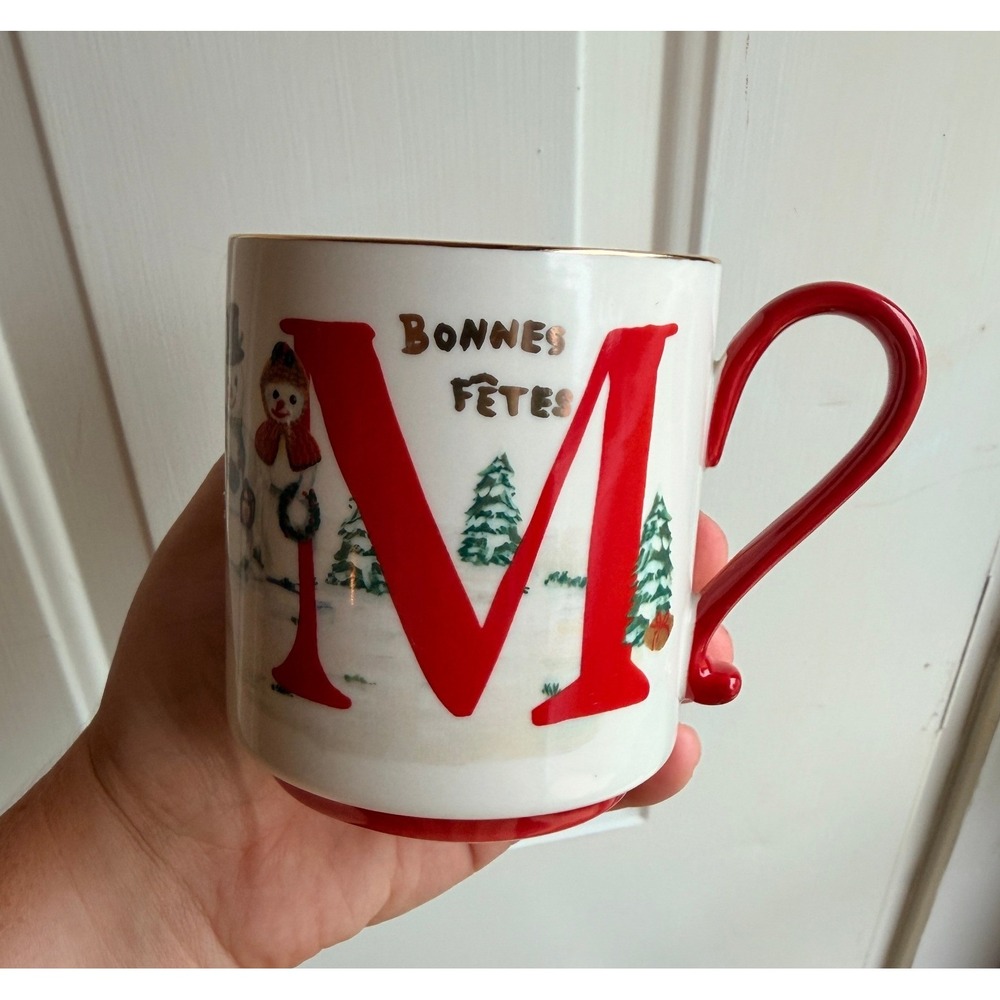Anthropologie Nathalie Lete Christmas Snowman mug Stoneware/Monogram Letter M